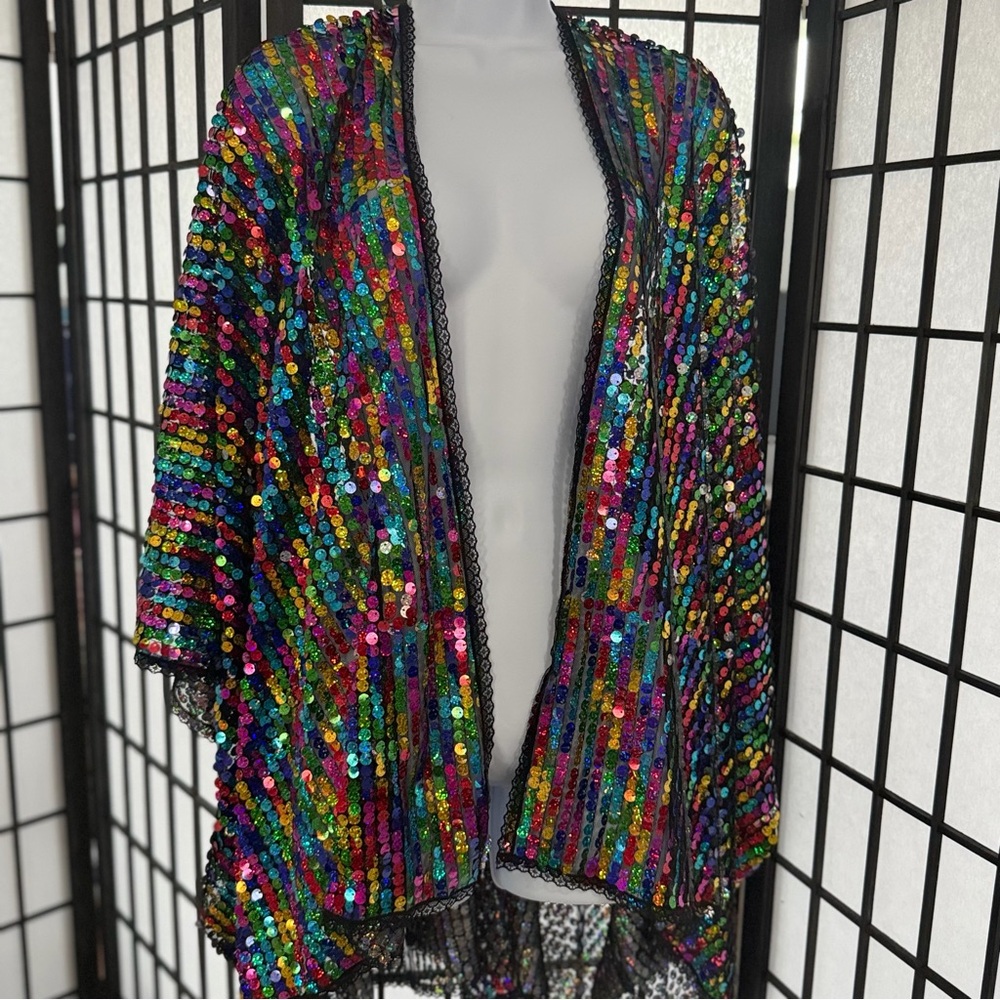 Multicolor Sequin Open-Front Cape Jacket